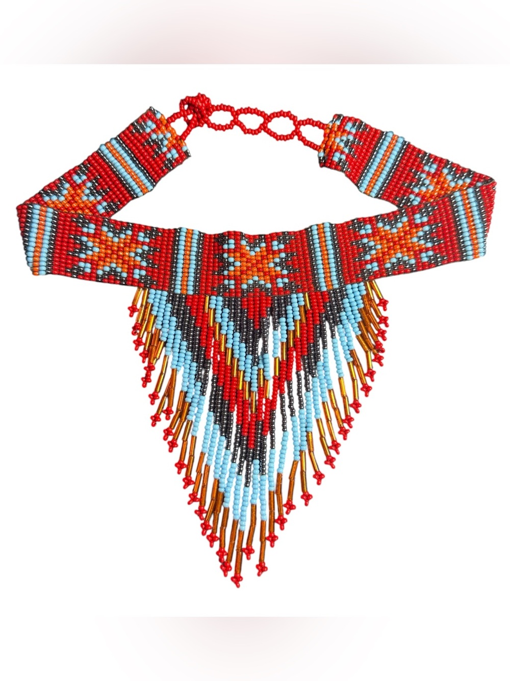 Hand Beaded Southwestern Style Geometric Fringe Collar Necklace